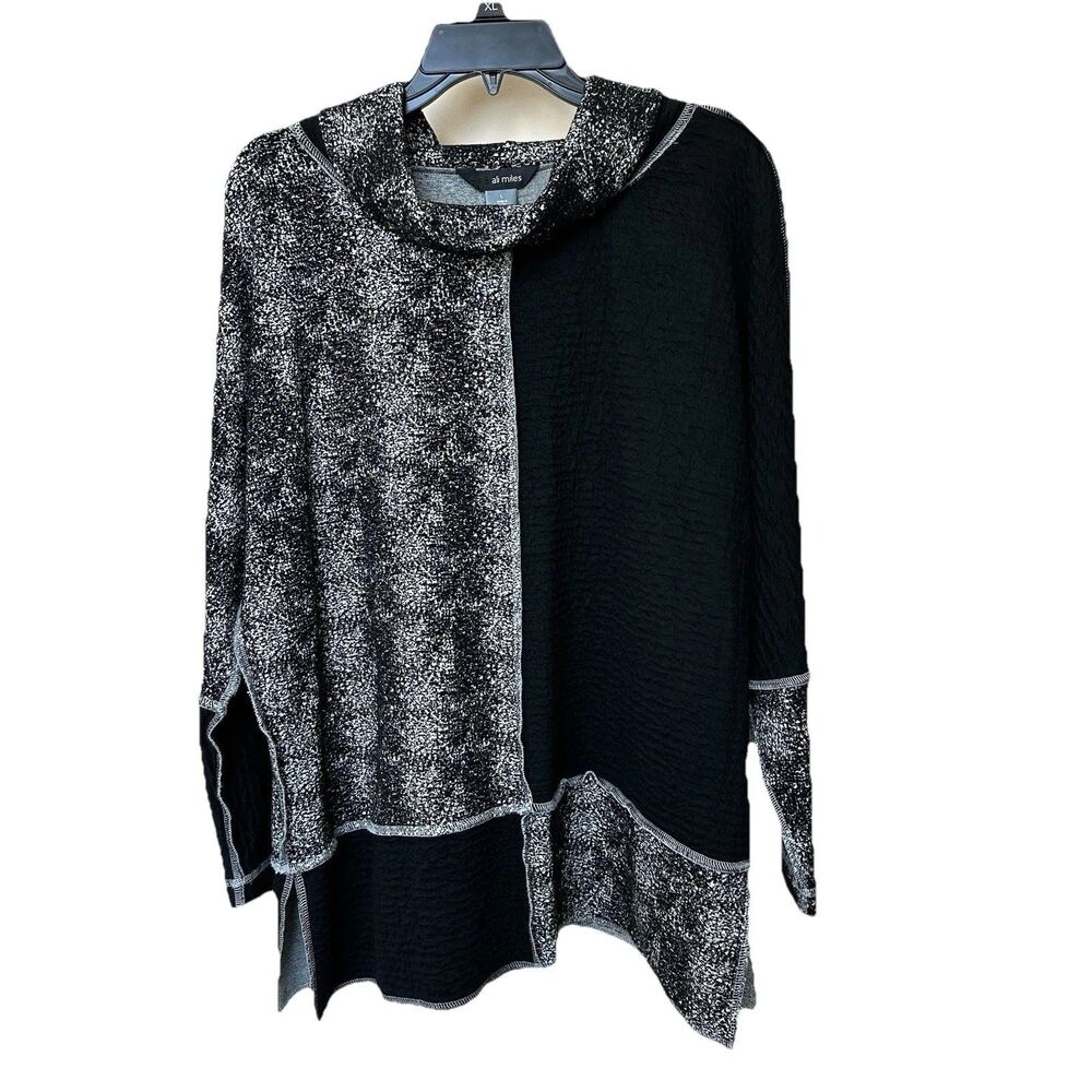 Ali Miles Tunic Top Womens Lg Black White Cowl Neck Artsy Lagen Patchwork Block
